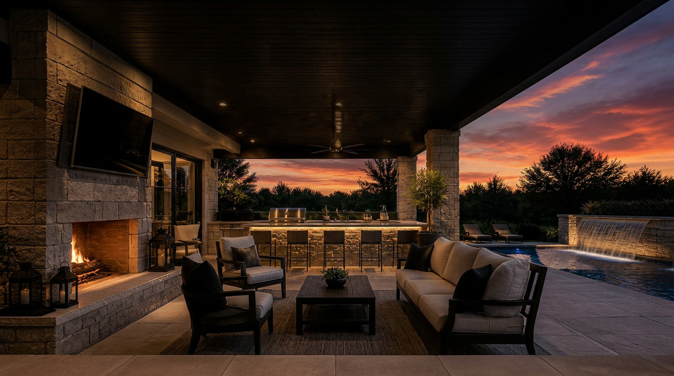 Luxury outdoor patio with fireplace, pool, and sunset